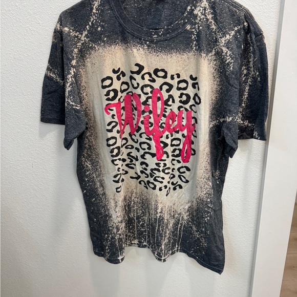 Gildan Tops - Women’s Wifey Leopard Print T-Shirt - Black and Pink size L